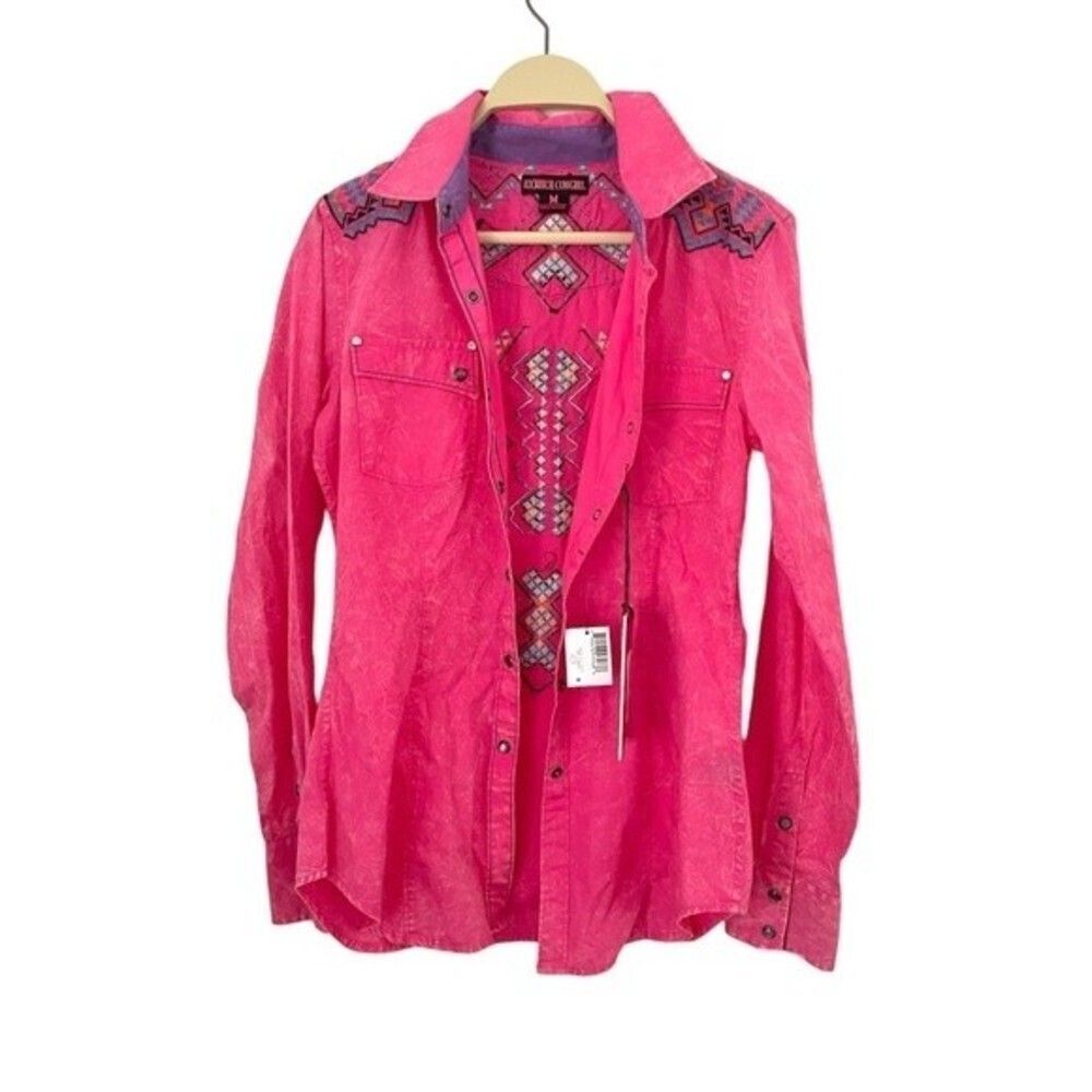 Rock in roll cowgirl shirt pink women embroidered button up long sleeve medium
